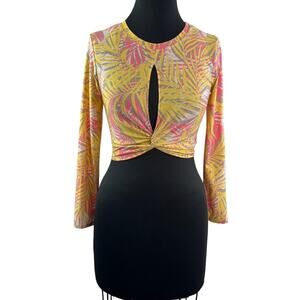RED CARTER Yellow Pink Top Stretch Tropical Split Front Crew Neck Size Small S